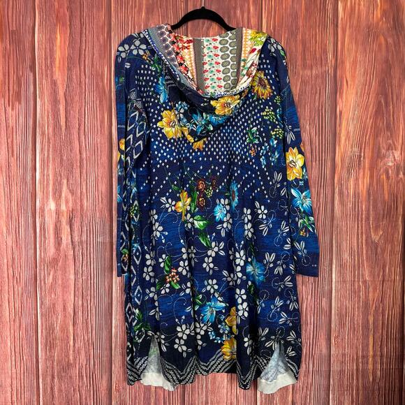 JOHNNY WAS Cotton Cashmere Printed Duster Hoodie Cardigan Blue Yellow Size XS - Picture 4 of 8